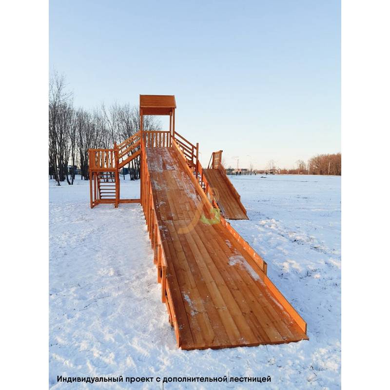 Зимняя деревянная горка "IgraGrad Snow Fox 12 м" с двумя скатами, без окраски