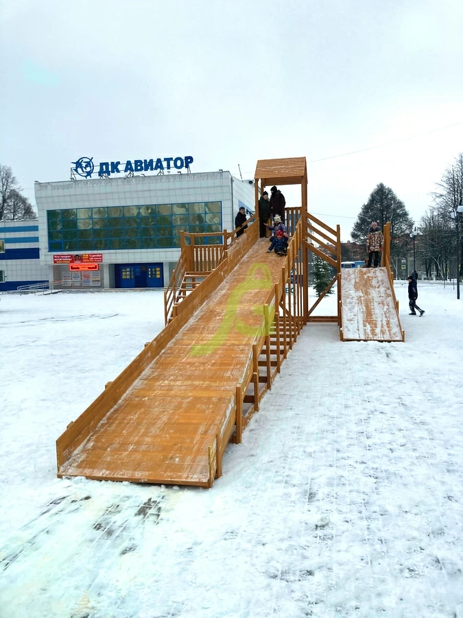 Зимняя деревянная горка "IgraGrad Snow Fox 12 м" с двумя горками (две лестницы), без окраски