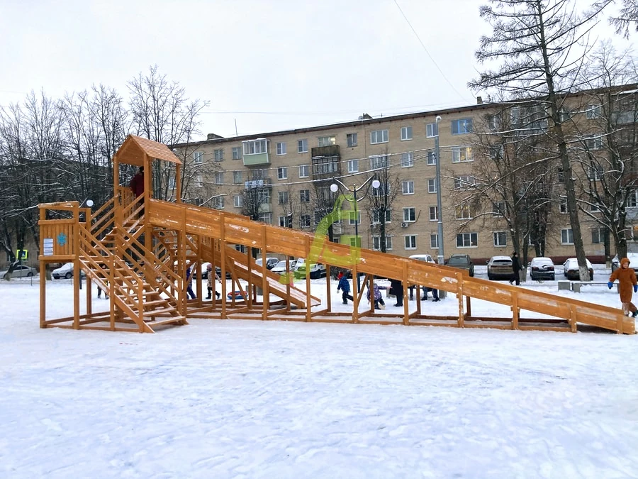 Зимняя деревянная горка "IgraGrad Snow Fox 12 м" с двумя горками (две лестницы), без окраски