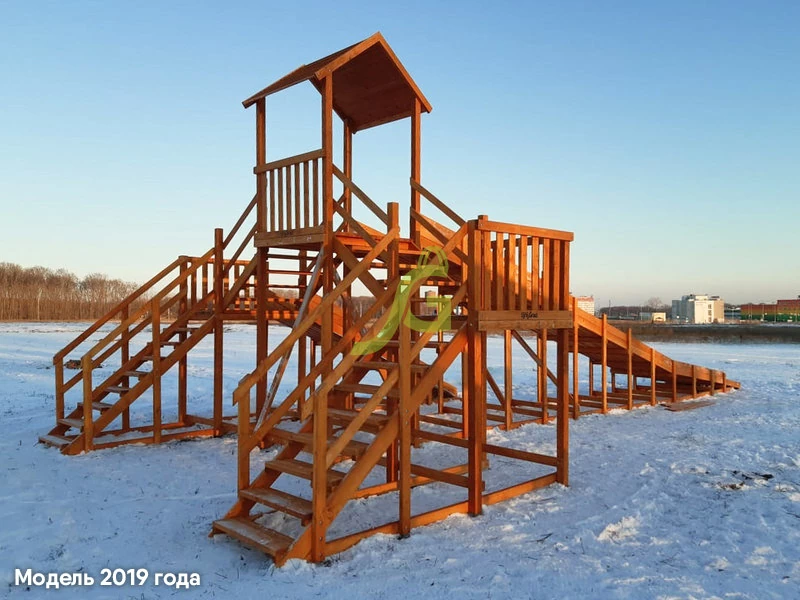 Зимняя деревянная горка "IgraGrad Snow Fox 12 м" с двумя горками (две лестницы), без окраски