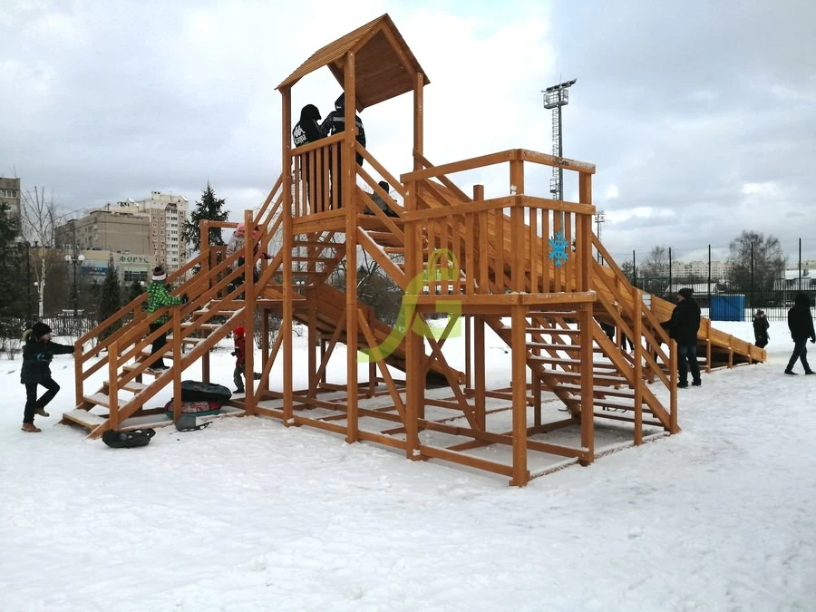 Зимняя деревянная горка "IgraGrad Snow Fox 12 м" с двумя горками (две лестницы), без окраски