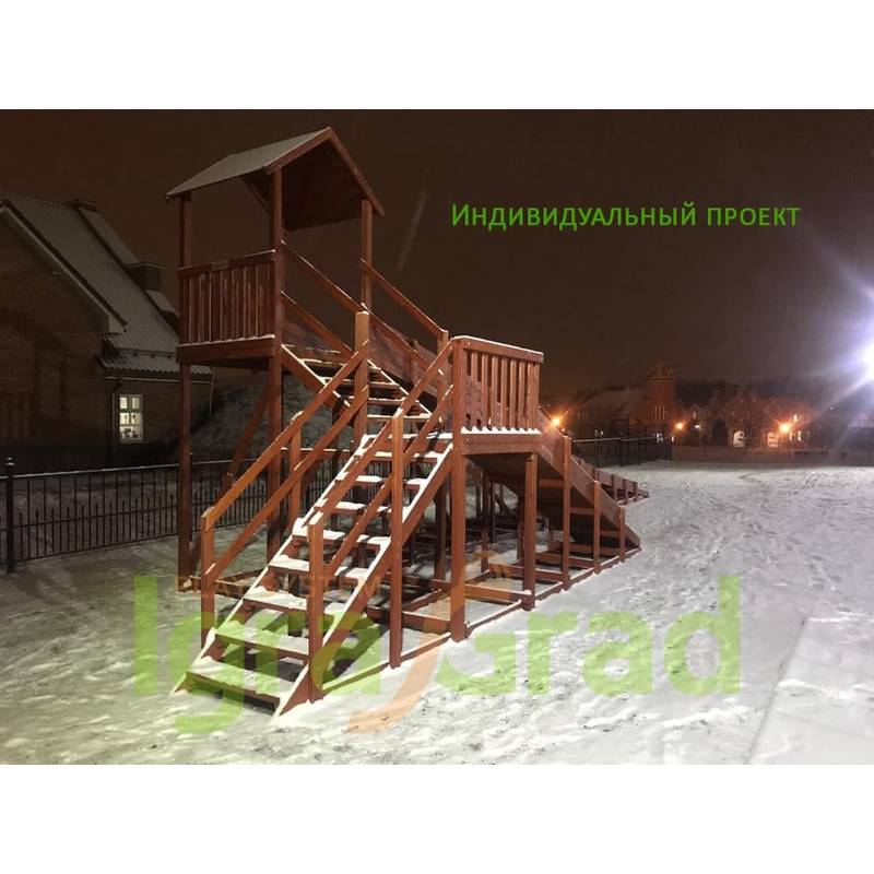 Зимняя деревянная горка "IgraGrad Snow Fox 12 м" с двумя скатами, без окраски